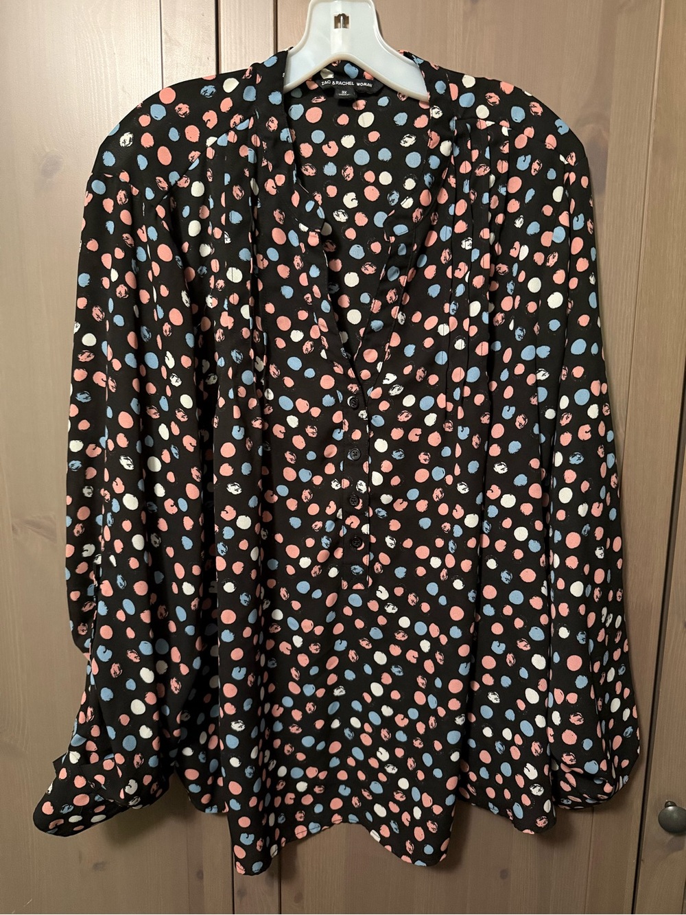 Zac & Rachel Black Blouse with Pink, Blue & Cream Polka Dots